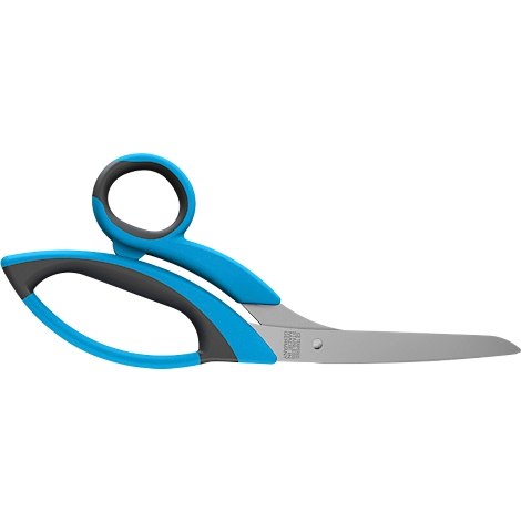 Blaue Schere mit grauen Akzenten. Die Griffe sind blau, der obere Teil ist dunkelgrau.