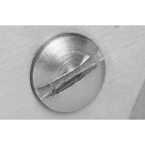 Nahaufnahme einer silberfarbenen Schraube in einer Aussparung, mit einer diagonalen Kerbe. Die Oberfläche ist metallisch und geriffelt.