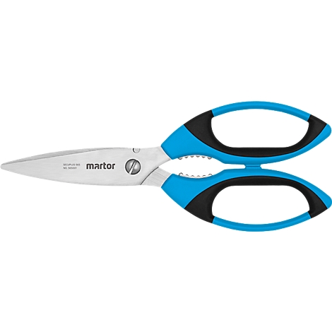 Blaue und schwarze Schere mit silbernen Klingen, auf denen das Wort „martor“ steht.