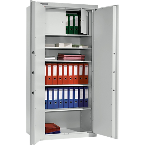 Ein geöffneter, grauer Aktenschrank mit Ordnern in Rot, Blau und Grün. Offene Tür rechts.