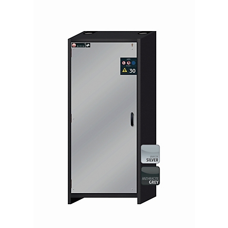 Schwarzer Schrank mit silberner Front, Griff, und technischen Details. Farbauswahl: Silber oder Anthrazit Grau.