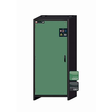 Grüner Schaltschrank mit schwarzem Rahmen und Griff. Farbmuster für „Reseda Green“ und „Anthrazitgrau“.