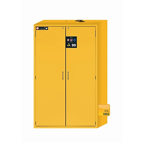 Gelber Sicherheitsschrank mit Doppeltüren, einem schwarzen Warnschild und dem Text 'RAL 1004'.