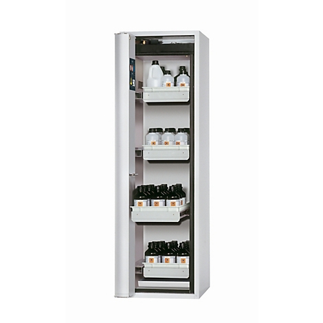 Weißer Laborschrank, geöffnet, mit Chemikalien in Flaschen auf Auszügen.