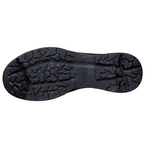 Schwarze Schuhsohle mit tiefem Profil. Uvex Logo. Für besseren Halt und Sicherheit.