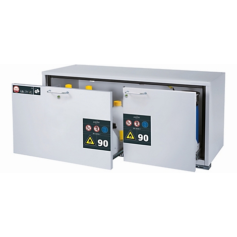 Weißer Sicherheitsschrank mit geöffneten Türen. Gelbe und blaue Behälter im Inneren. Warnhinweise auf den Türen.