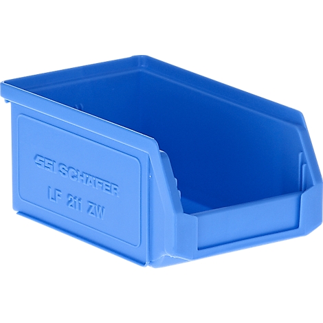 Blaue SSI Schäfer Sichtlagerbox LF 211 ZW aus Kunststoff vor weissem Hintergrund.