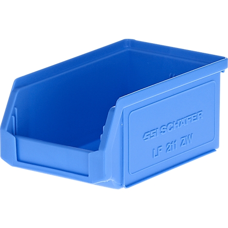 Blaue Sichtlagerbox aus Kunststoff von SSI Schäfer, Modell LF 211 ZW, vor weissem Hintergrund.