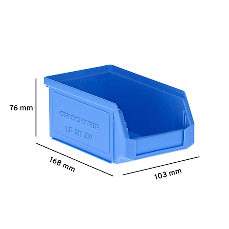 Blaue Sichtlagerbox aus Kunststoff mit Massangaben vor weissem Hintergrund.