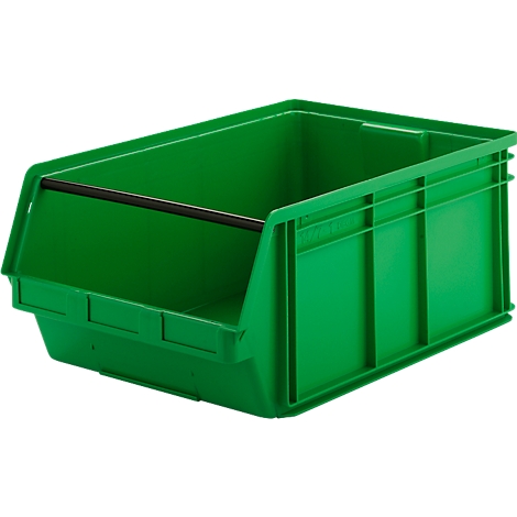 Eine grüne, offene Sichtlagerbox aus Kunststoff mit schwarzer Querstange vor weißem Hintergrund.