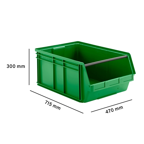 Grüne Sichtlagerbox aus Kunststoff mit Bemaßung: 300 mm hoch, 715 mm lang, 470 mm breit.