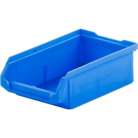 Blaue Sichtlagerbox aus Kunststoff mit eingeprägtem Logo an der Seite.
