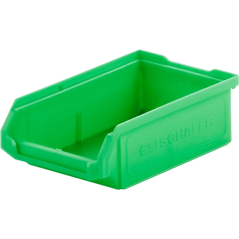 Eine leere, grüne Sichtlagerbox aus Kunststoff mit eingeprägtem Schäfer-Logo vor weißem Hintergrund.