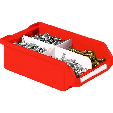 Rote Sichtlagerbox aus Kunststoff, unterteilt in vier Fächer, gefüllt mit silbernen und goldenen Schrauben.