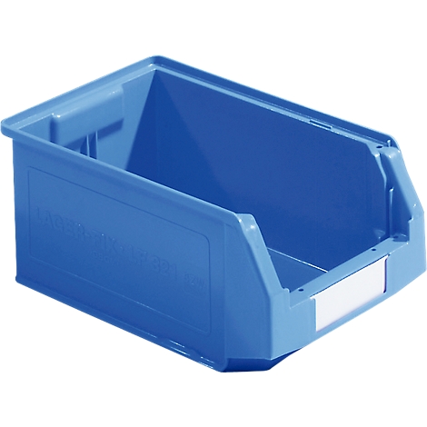 Blaue Lagerbox mit schräger Vorderseite. Ein weißes Namensschild ist angebracht.