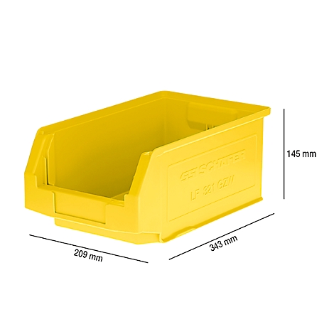 Gelbe Kunststoffbox, Maße 209 x 343 x 145 mm. Aufschrift 'GEHRIG + CO'.