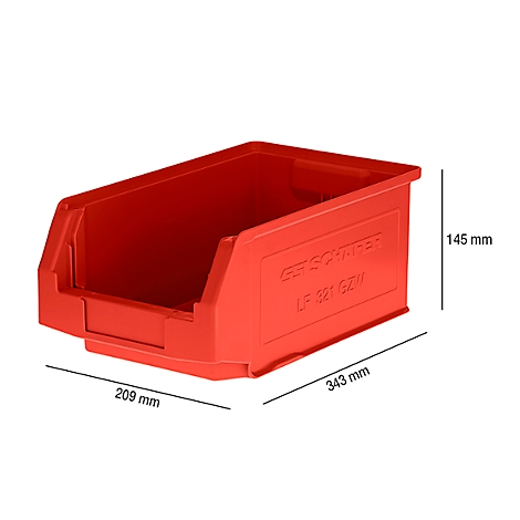 Rote Lagerbox mit Maßangaben: 209 x 343 x 145 mm. Aufschrift: GF SCHWALTER LF 921 GZW.