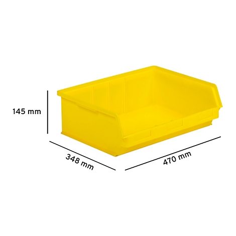 Gelbe Sichtlagerbox mit Maßangaben von 470x348x145 mm auf weißem Hintergrund.