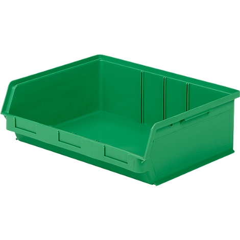 Eine rechteckige, grüne Kunststoff-Sichtlagerbox mit offener Vorderseite auf weißem Hintergrund.