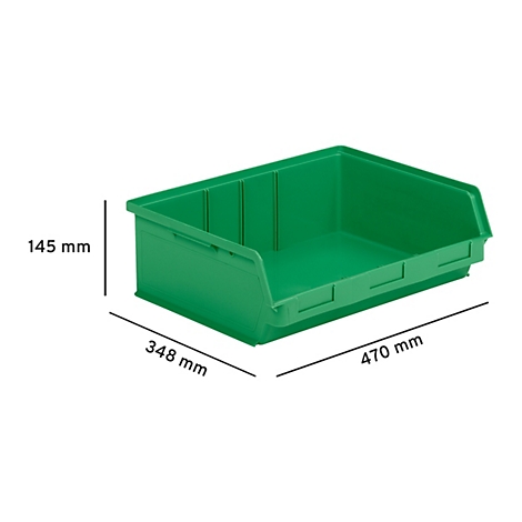 Grüne Sichtlagerbox aus Kunststoff mit Maßangaben 145 mm, 348 mm und 470 mm vor weißem Hintergrund.