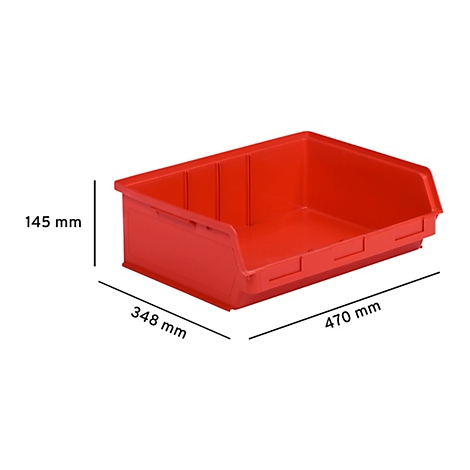 Rote offene Sichtlagerbox mit Bemaßungsangaben: 470 mm lang, 348 mm breit, 145 mm hoch.