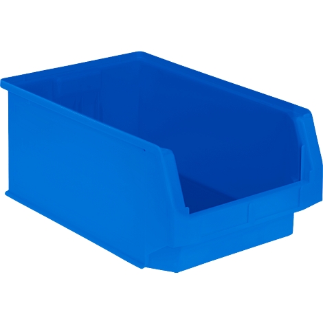 Blaue Kunststoffbox mit schräg verlaufender Vorderseite.