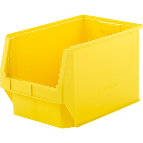 Leere, gelbe Sichtlagerbox aus Kunststoff mit offener Vorderseite vor weißem Hintergrund.
