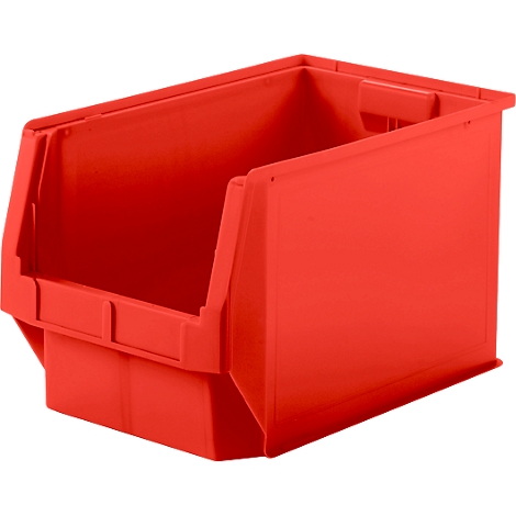 Rote, offene Sichtlagerbox aus Kunststoff auf weißem Hintergrund.
