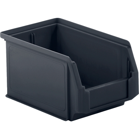 Dunkelgraue Kunststoffbox, offene Front, rechteckige Form.