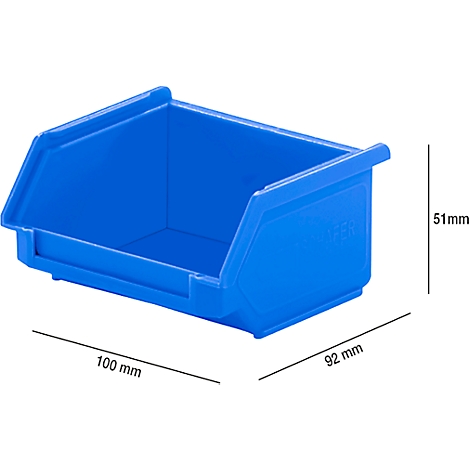 Blaue Kunststoff-Kleinteilebox mit Maßangaben: 100mm x 92mm x 51mm.