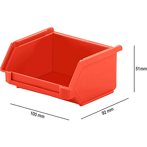 Rote Kunststoffbox mit Maßen. 100mm breit, 92mm tief und 51mm hoch.