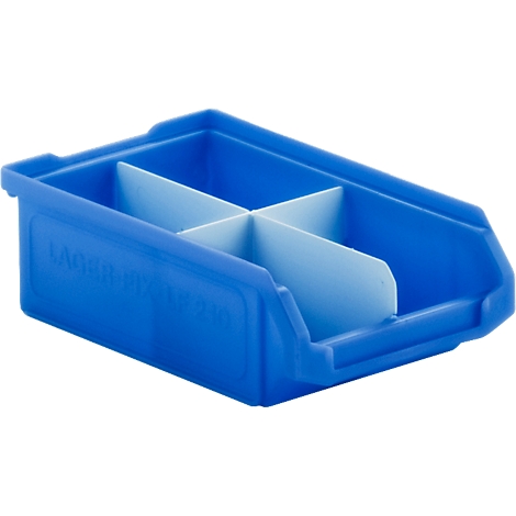 Blaue Kunststoff-Sichtlagerbox mit weißen Trennstegen, schräg von oben fotografiert auf weißem Hintergrund.