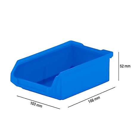Blaue Kunststoffbox, die mit Maßangaben versehen ist. Maße: 168 x 103 x 52 mm.