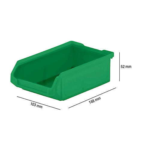 Grüne Kunststoff-Lagerbox. Abmessungen: 168 mm lang, 103 mm breit, 52 mm hoch. Die Box ist nach vorne leicht abgeschrägt.