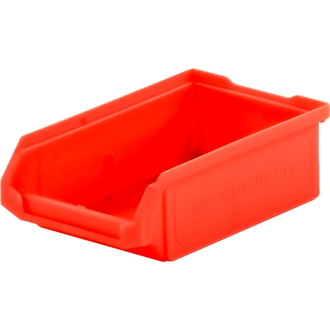Eine leere, leuchtend rote Sichtlagerbox aus Kunststoff mit offener Vorderseite.