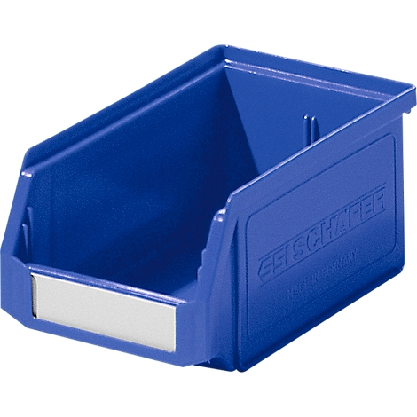 Blaue Kunststoffbox mit weißem Etikett, Text: GESCHAFER.