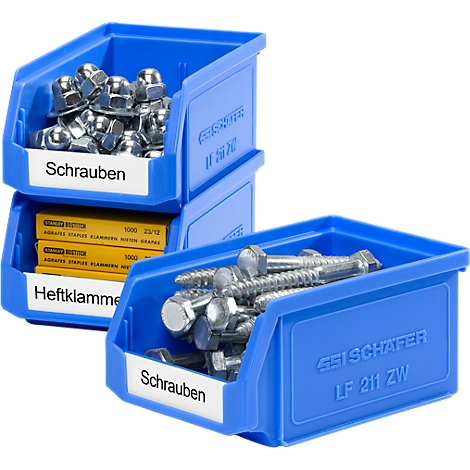 Blaue Lagerboxen mit Schrauben und Heftklammern. Beschriftung mit "Schrauben" und "Heftklammern".