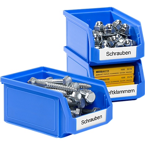 Blaue Kunststoffbehälter mit Schrauben und Heftklammern. Beschriftung "Schrauben" und "Heftklammern".