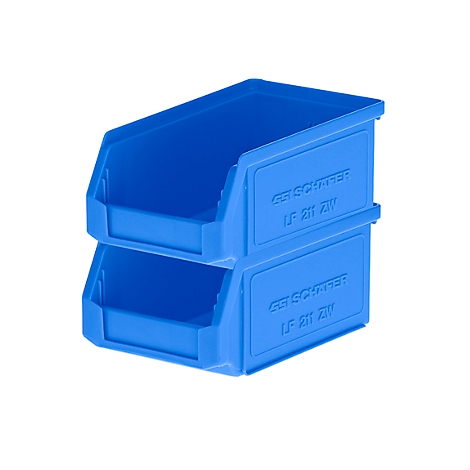 Zwei blaue, stapelbare Sichtlagerkästen der Marke SSI Schäfer, Typ LF 211 ZW, vor weißem Hintergrund.