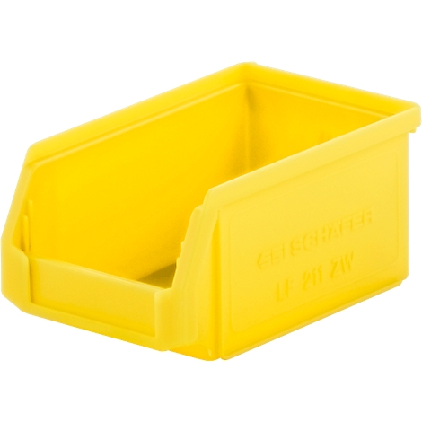 Gelbe Sichtlagerbox aus Kunststoff mit offener Vorderseite und eingeprägtem Logo.