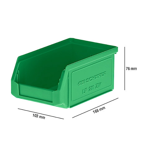 Grüne Kunststoffbox mit den Maßen 103 x 168 x 76 mm. Beschriftung "GE SCHÄFER LF 211 ZW".