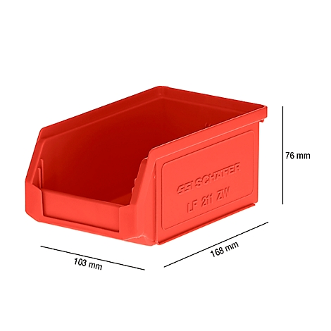 Rote Lagerbox mit Beschriftung und Maßangaben: 168x103x76 mm.