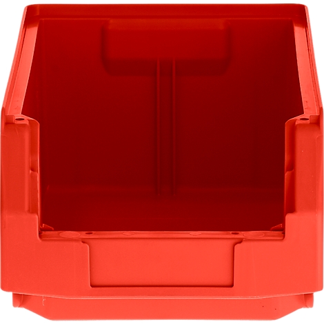 Eine leere, rote Sichtlagerbox aus Kunststoff von vorne gesehen.