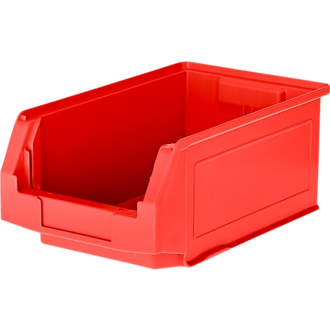 Rote, offene Sichtlagerbox aus Kunststoff auf weißem Hintergrund.
