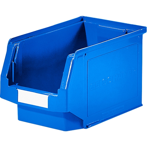 Blaue Kunststoff-Box, offen. Auf der Seite ist "BISSPACK" eingestanzt. An der Front ein weisses Feld.
