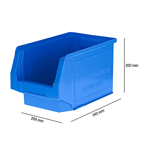 Blaue Kunststoffbox mit Maßangaben. Aufschrift: SSI Schäfer.