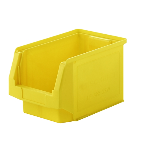 Eine leere, gelbe Sichtlagerbox aus Kunststoff vor weißem Hintergrund.