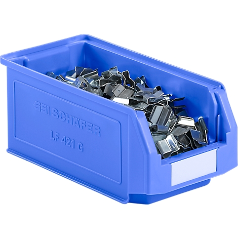 Blaue Kunststoffbox mit silbernen Metallteilen gefüllt. Auf der Box steht in Großbuchstaben "FEISCHAPER" und "LF 421 G".