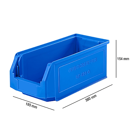 Blaue Aufbewahrungsbox mit Text 'GRISCHAPER LF 421 G' und Maßangaben.
