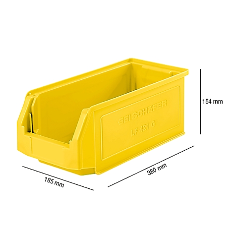 Gelbe Aufbewahrungsbox mit Maßangaben. Beschriftung: FEICHSOHABER, LB 12/10.